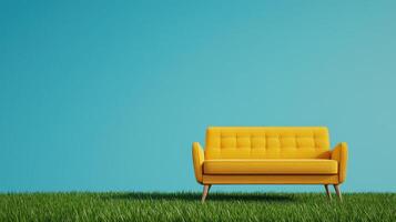 Bright yellow sofa on lush grass outdoor living space vibrant colors modern design photo
