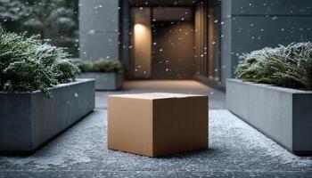 Mysterious package delivery in snowy urban landscape outdoor high angle view minimalist concept photo