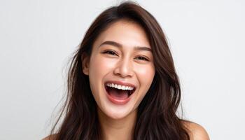 Joyful smiling woman portrait studio photography bright close-up happiness photo