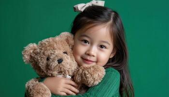 Child embracing teddy bear indoor studio portrait photography green background joyful atmosphere photo