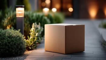 Delivery package unboxed at night modern outdoor setting calm atmosphere close-up shot photo