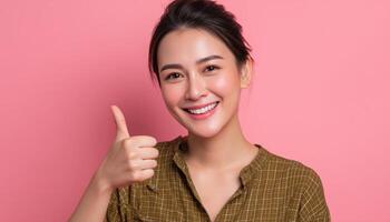 Positive vibes young woman giving thumbs up studio setting portrait photography cheerful atmosphere photo