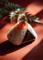Savoring delicious onigiri japan food photography cozy setting close-up culinary delight photo