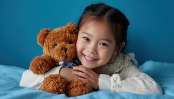 Child hugging teddy bear cozy room portrait playful atmosphere close-up joyful bond photo