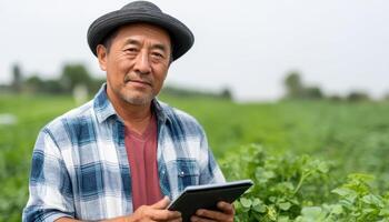 Farmer utilizing tablet technology in a green field agriculture innovation nature rural perspective photo