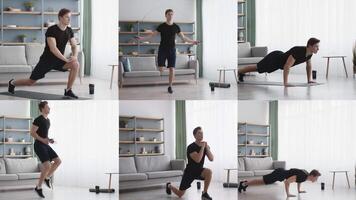 An athletic guy engages in various workouts in a bright and modern living area, demonstrating exercises like lunges, jumps, and push-ups. This promotes a healthy lifestyle and fitness routine. video