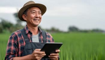Farmer using tablet to monitor crop growth in green rice field rural landscape technology perspective photo