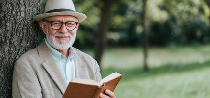 Reading leisurely in nature a senior man enjoys a book under a tree in a tranquil park photo