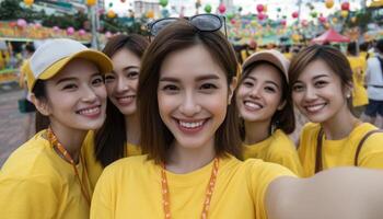 Cheerful group of friends at festival urban fairground photography colorful environment joyful perspective photo