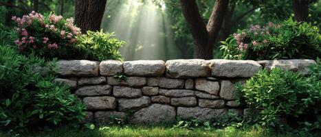 Tranquil garden scene with stone wall lush vegetation nature outdoor serenity peaceful atmosphere photo