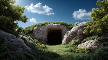 Exploring a mysterious cave entrance surrounded by lush vegetation nature scene daytime scenic view photo