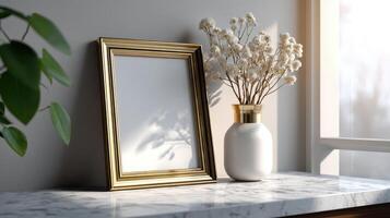 Decorative frame and vase arrangement modern interior still life bright natural light minimalist style photo