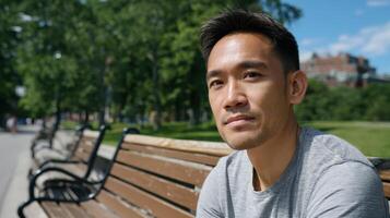 Man posing on park bench urban setting portrait photography daylight close-up personal reflection photo