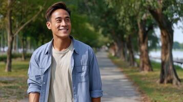 Smiling man walking in park outdoor setting lifestyle photography natural environment positive vibes photo