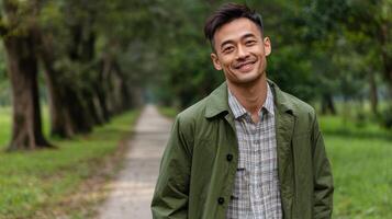 Smiling man enjoying nature walk in park lifestyle photography serene environment outdoor view photo