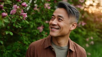Smiling man enjoying nature amidst flowers outdoor garden portrait photography natural light positive vibes photo