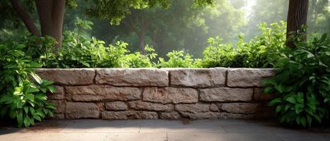 Serene nature scene with stone wall lush greenery outdoor garden tranquil environment photo