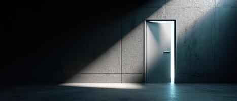 Mysterious open door abandoned space digital art dark environment illuminated view concept of opportunity photo
