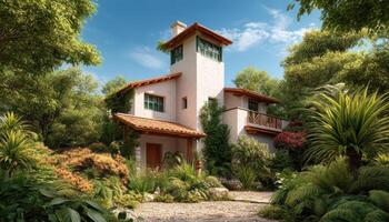 Charming modern villa lush garden digital artwork serene nature eye-level view tranquil aesthetic photo