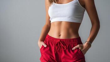 Fitness model posing in red athletic shorts studio fashion photography minimalist background photo