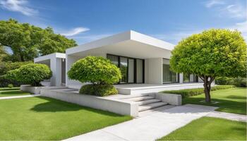 Modern house design suburban neighborhood architectural photography bright day front view contemporary aesthetics photo