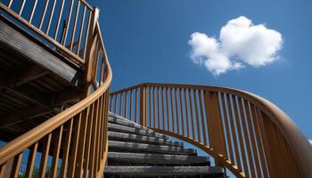 Climbing curved wooden steps to the sky outdoor park photography bright day low angle serenity photo