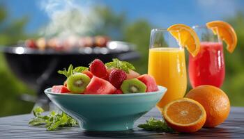 Summer fruit salad and refreshing drinks backyard party food photography bright atmosphere close-up celebration photo