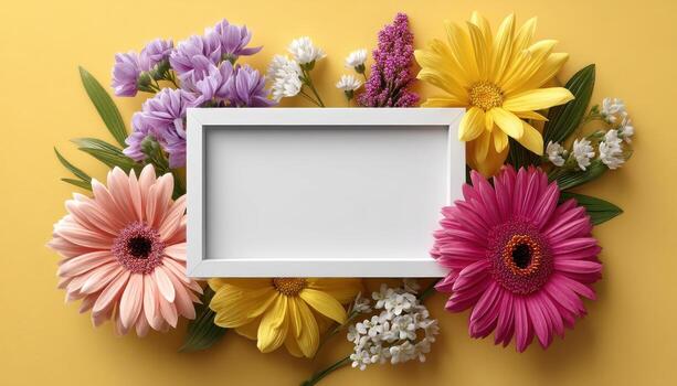 Floral arrangement with blank frame yellow background decorative image artistic setting top-down view photo