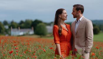 Romantic encounter in a poppy field countryside photography scenic setting intimate viewpoint photo
