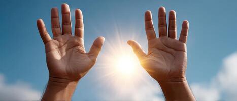 Embracing the light hands reaching toward the sun outdoor inspirational image bright sky uplifting concept photo