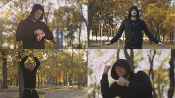 Fit guy engage in various workout routines in an outdoor park. The autumn scenery features vibrant foliage, highlighting an active and healthy lifestyle against a beautiful backdrop. video
