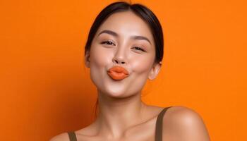 Playful portrait of a woman with orange lips against vibrant background studio shot creative expression photo