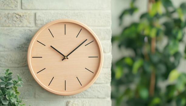 Elegant wall clock displaying time in modern interior with greenery minimalist style natural light photo
