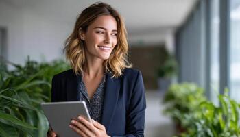 Business professional engaging with technology in modern office environment photo