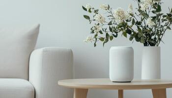 Modern speaker and floral arrangement in minimalist living room home decor calm environment aesthetic view photo