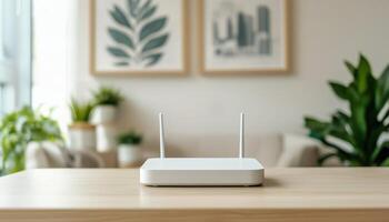 Exploring modern technology wireless router in contemporary living room interior minimalistic close-up view photo