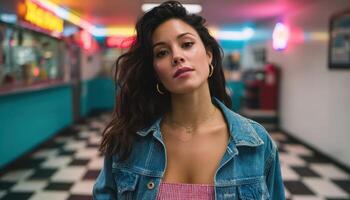 Confident woman posing in retro diner urban setting portrait photography vibrant atmosphere photo