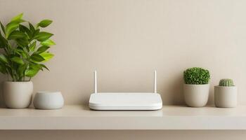 Modern wi-fi router setup minimalist home office product photography indoor eye-level connectivity solution photo