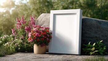 Artistic floral arrangement beside an empty canvas in a natural garden setting photo