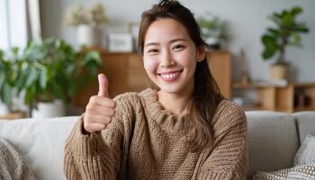 Cheerful woman giving thumbs up cozy living room portrait indoor positive vibes photo