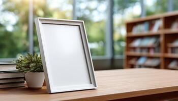 Creative display of blank photo frame on wooden table in library setting natural light minimalist design