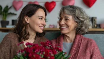 Heartwarming moment between mother and daughter at home with flowers and love decorations photo