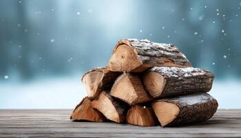 Cozy winter scene stacked firewood in a snowy forest decorative photography peaceful atmosphere photo