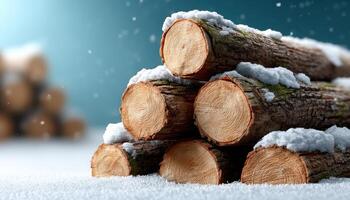 Winter wood stacks in snowy landscape natural log display tranquil environment close-up view photo