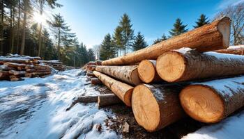 Logging operation in winter forest timber harvesting snowy landscape natural environment aerial view photo