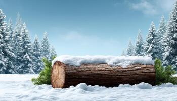 Winter scene featuring a snow-covered log amidst evergreen trees outdoor landscape tranquil environment photo
