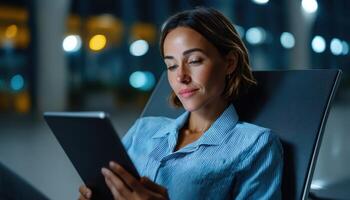 Relaxing evening reading on tablet modern office lifestyle content indoor casual viewpoint photo