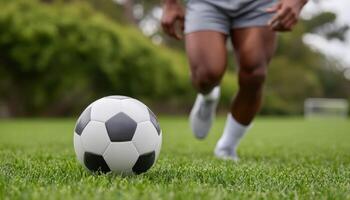 Exciting soccer action on green field outdoor sports event dynamic viewpoint of player photo