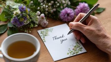 Thank you note writing home office image cozy environment close-up view gratitude concept photo