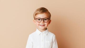 Happy young boy with glasses smiling in a studio setting portrait photography warm atmosphere photo
